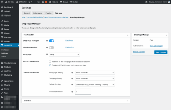 Free shop page manager Free Admin Functionality