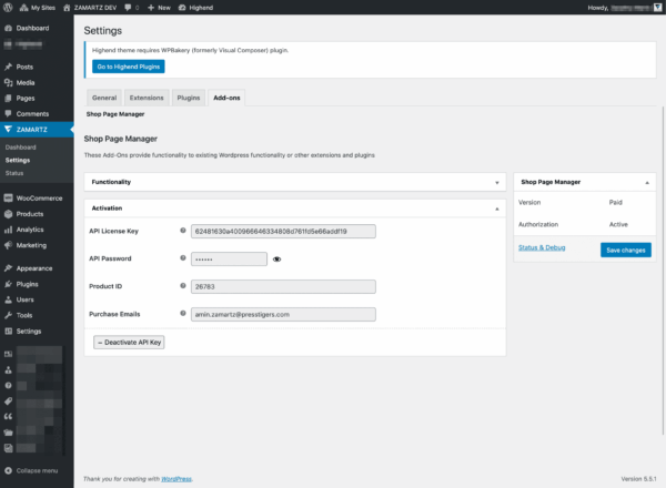 Advanced shop page manager api activation