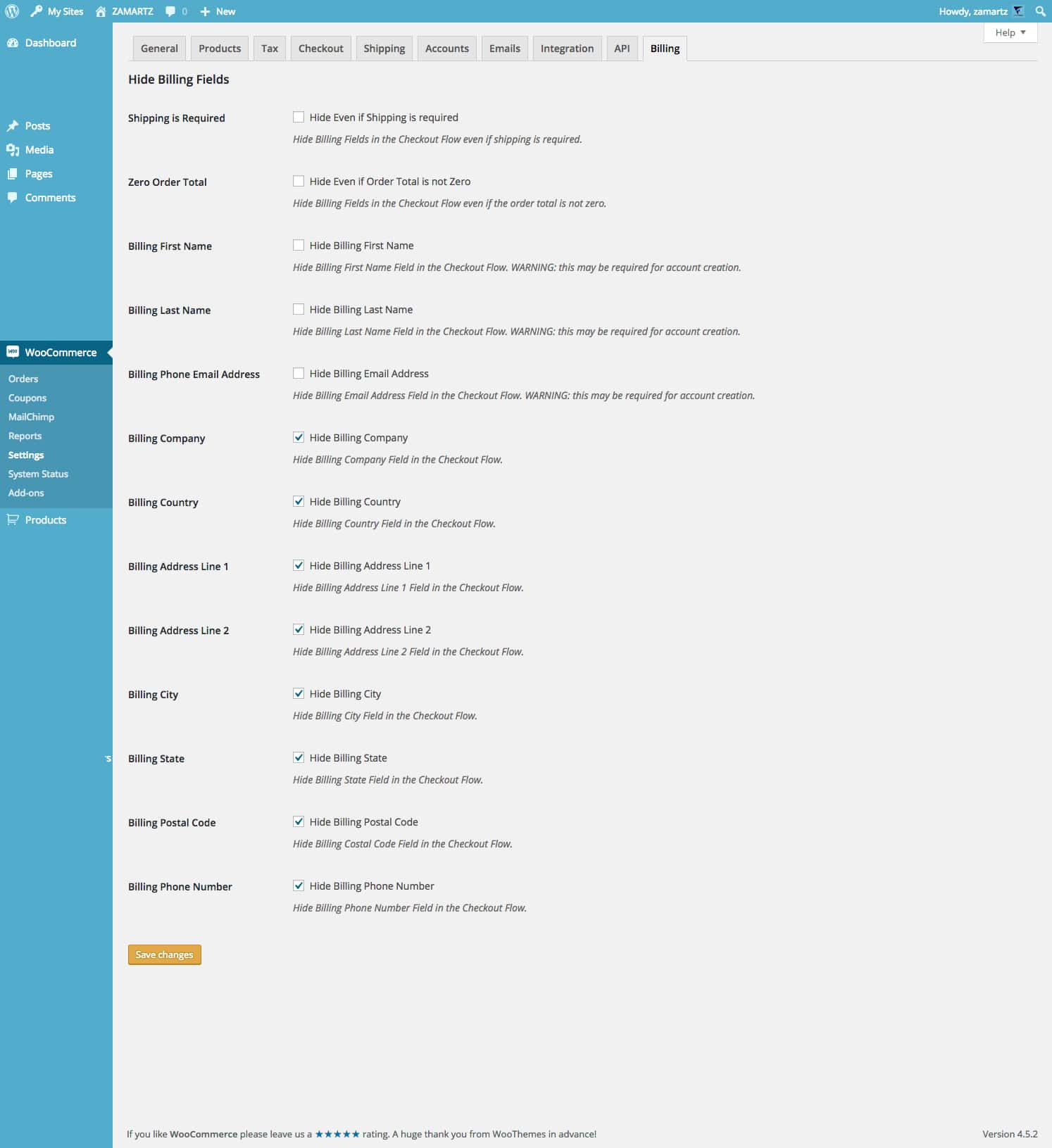 wc hide billing feilds backend
